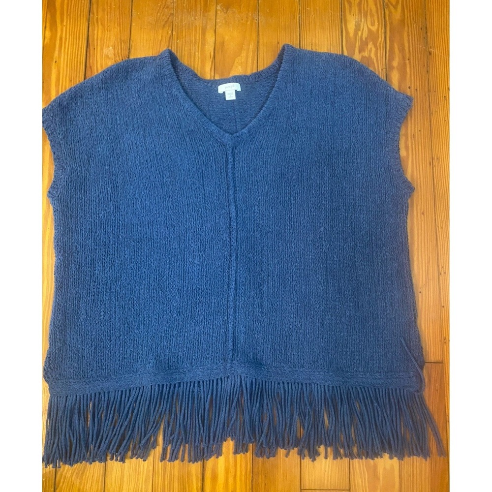 Pure Jill Sz S Sweater Blue Fringe Hem‎ Knit  Poncho Vest Cottagecore bohemian